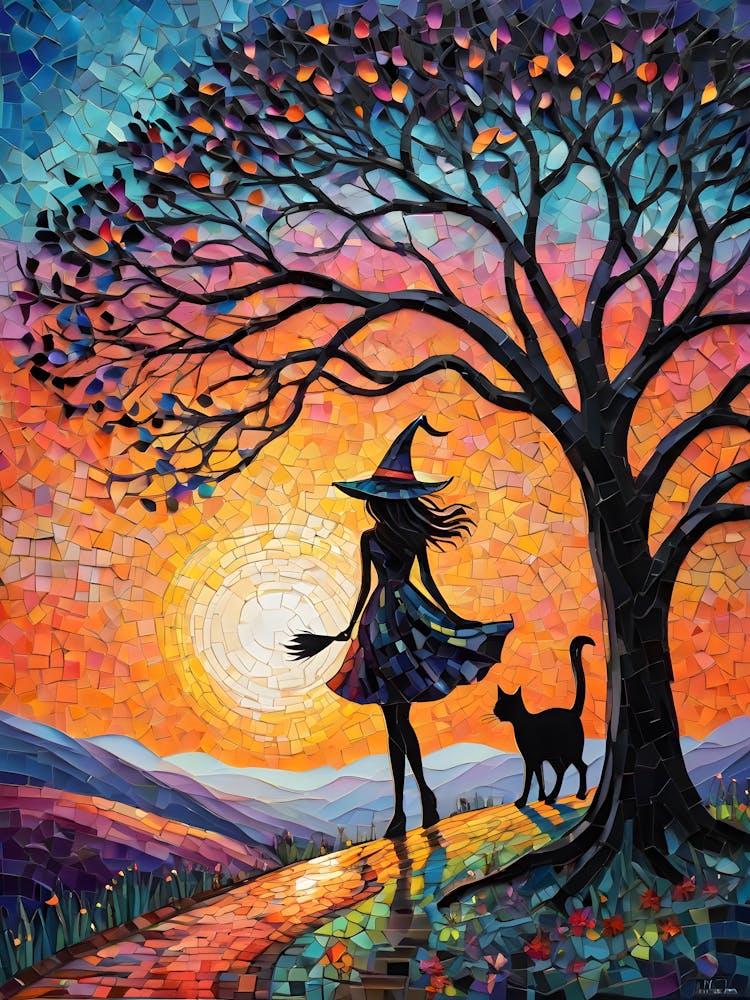Wonderful Witch - Beautiful Rainbow Mosiac of Whimsical Black Cat Watching the Sun Set Whimsy Kitty Art for Cat Lover, Cat Lady, Chakra Pride Pagan Witch Colorful HD