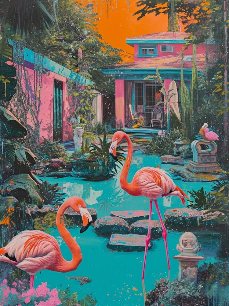 Retro Flamingoes In A Garden 1