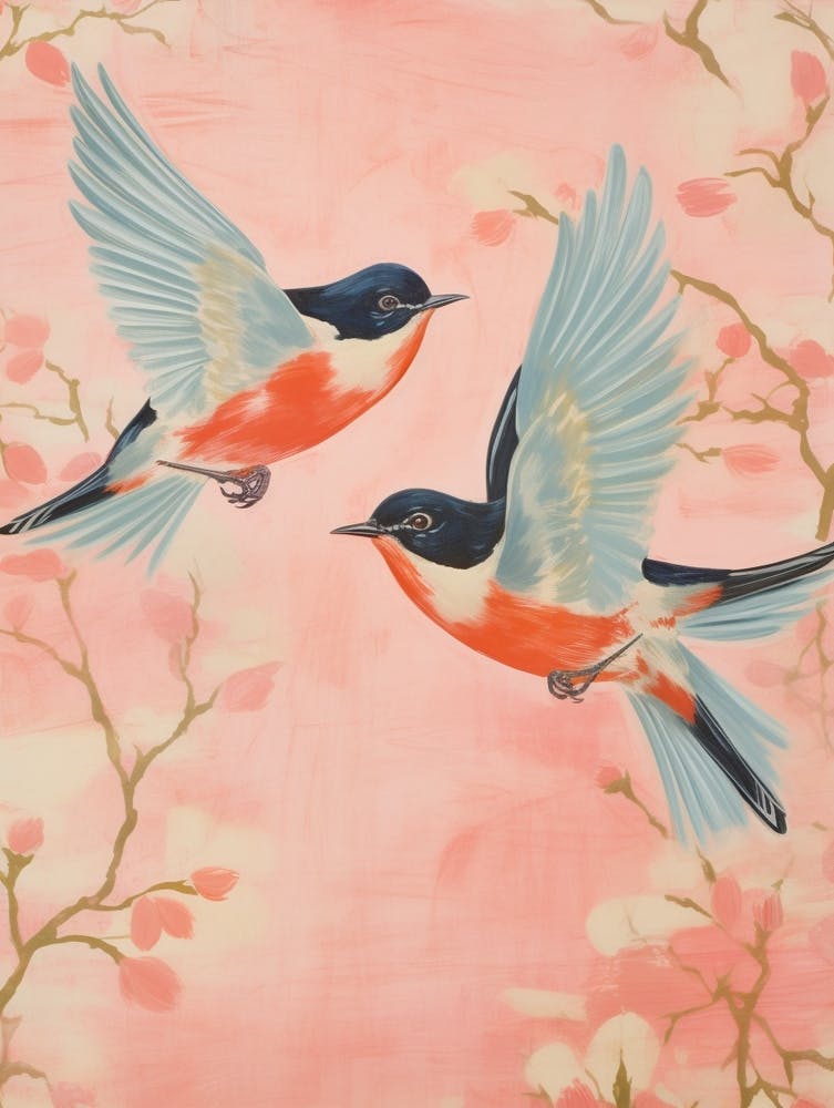Vintage Japanisch Inspiriert Vogeldruck Rotkehlchen 3