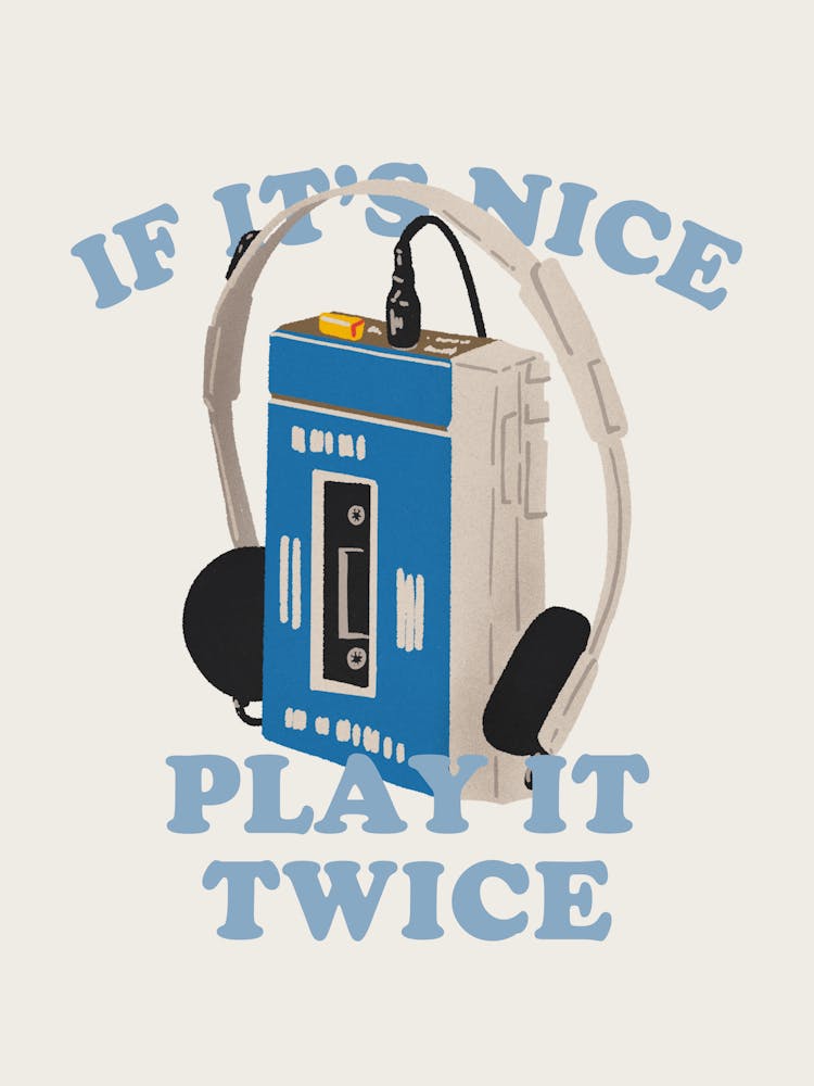 It’s Nice Play It Twice Art print | Walkman Cassette 80’s 90’s Music | Music Lover Wall Art | Beige + Blue | Music Decor |