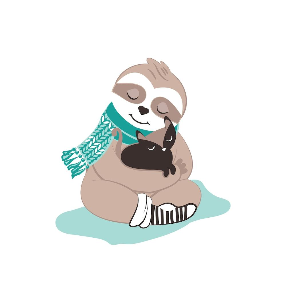 Hygge sloth // winter cozy cute animal hugging cat kids room nursery
