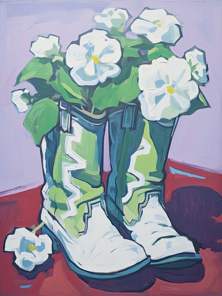 A Painting Of Cowboy Boots With White Flowers, Fauvist Style, Still Life 2