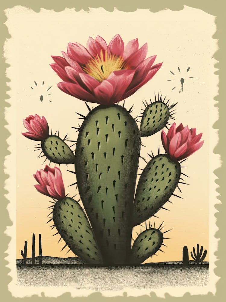 Cactus In The Desert With Pink Flower Vintage Illustration Stamp