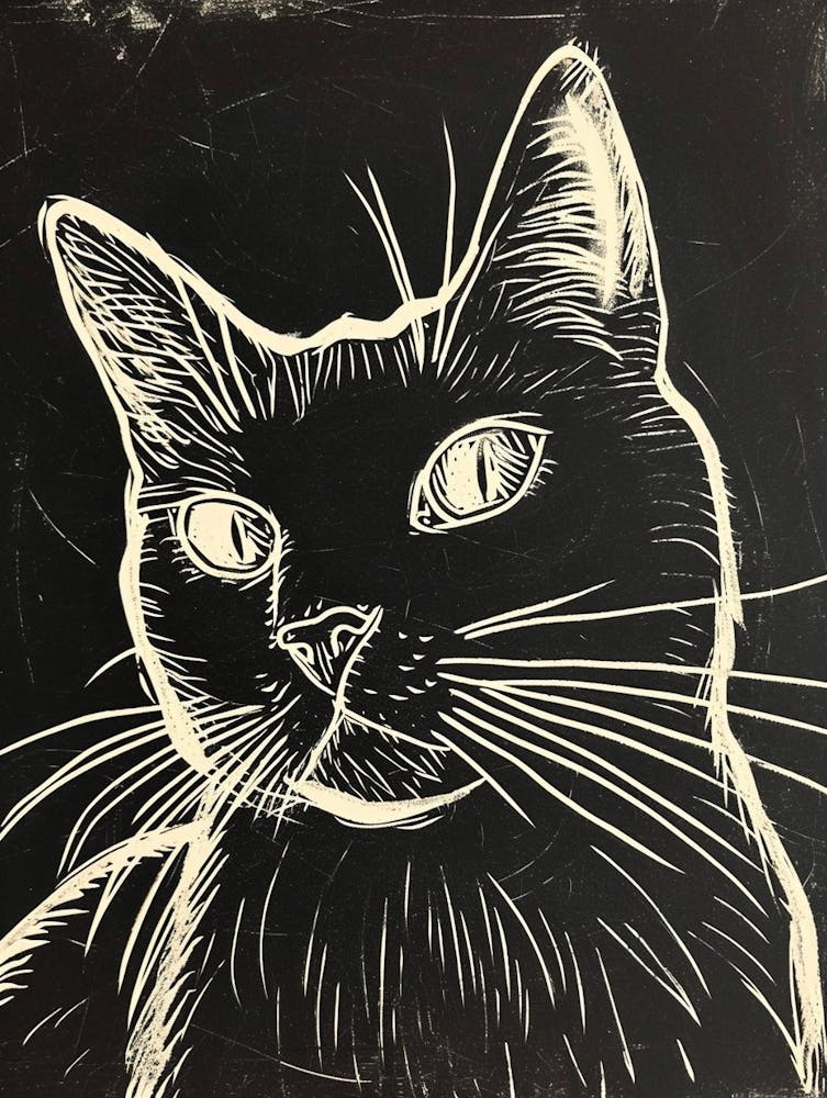 Chartreux Cat Linocut Blockprint 2