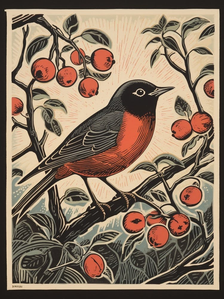 Vintage Bird Linocut European Robin 2