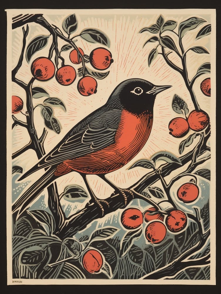 Vintage Bird Linocut European Robin 2