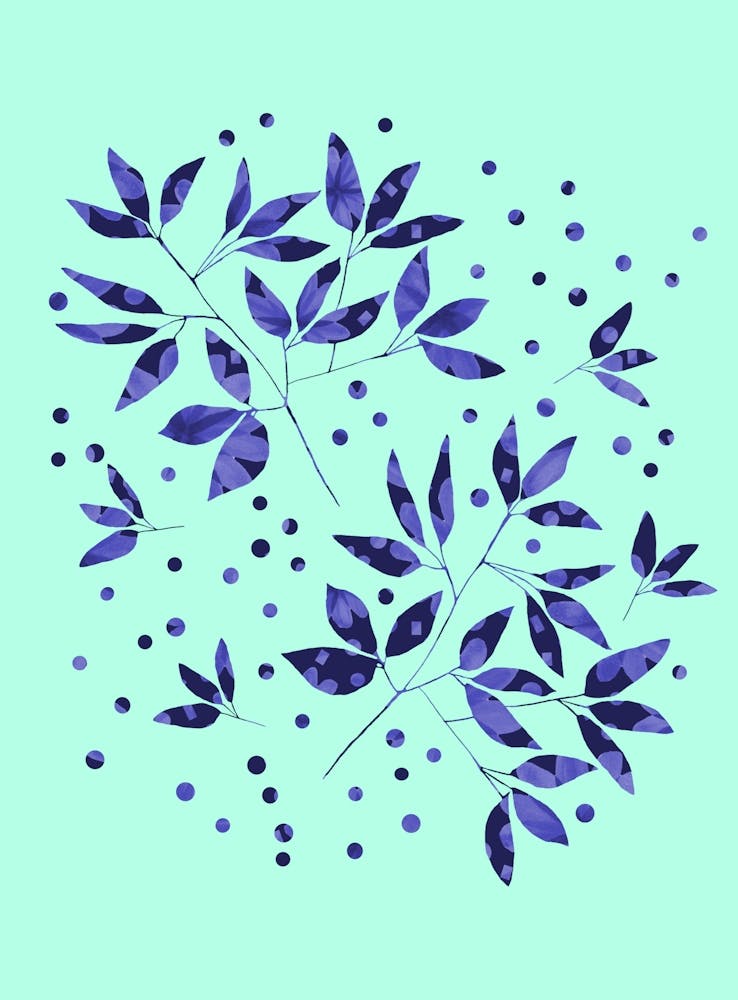 Floral Branches Blue Pattern On Mint