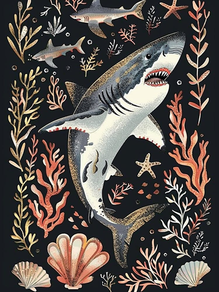 Great White Shark Black Background Illustration 1