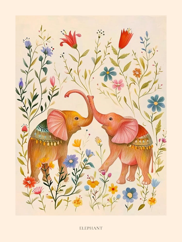 Folksy Floral Animal Drawing Elephant 2 Poster