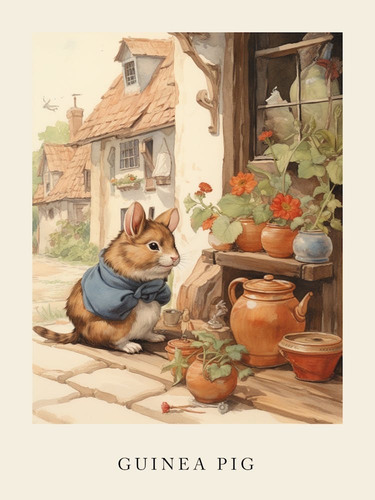 Inspiré de Beatrix Potter Aquarelle Animale Cochon d'Inde 2