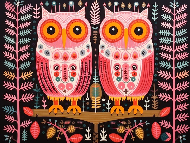 Owl 2 Folk Style Animal Illustration