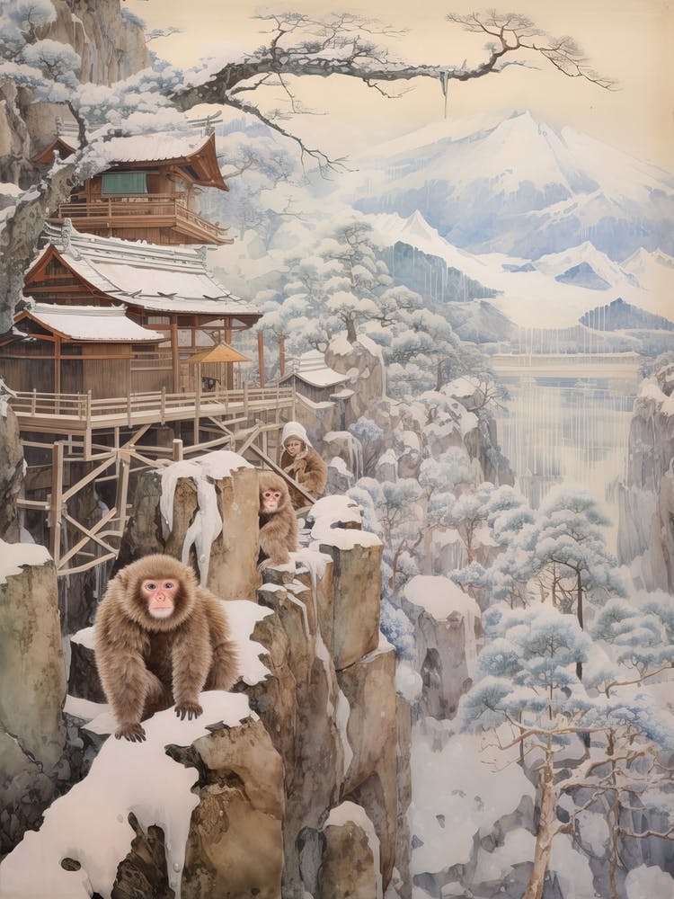 Jigokudani Monkey Park à Nagano, Dessin Ukiyo-e 4