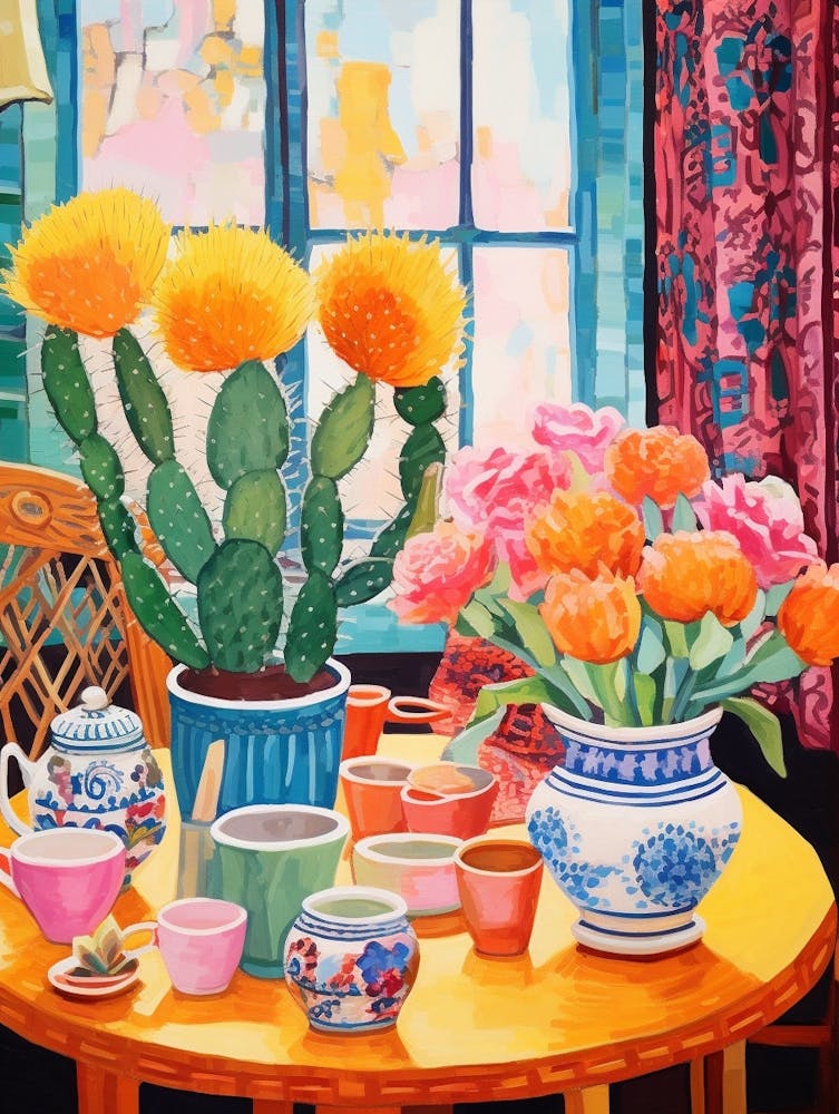 Cactus Painting Maximalist Still Life Ladyfinger Cactus 1