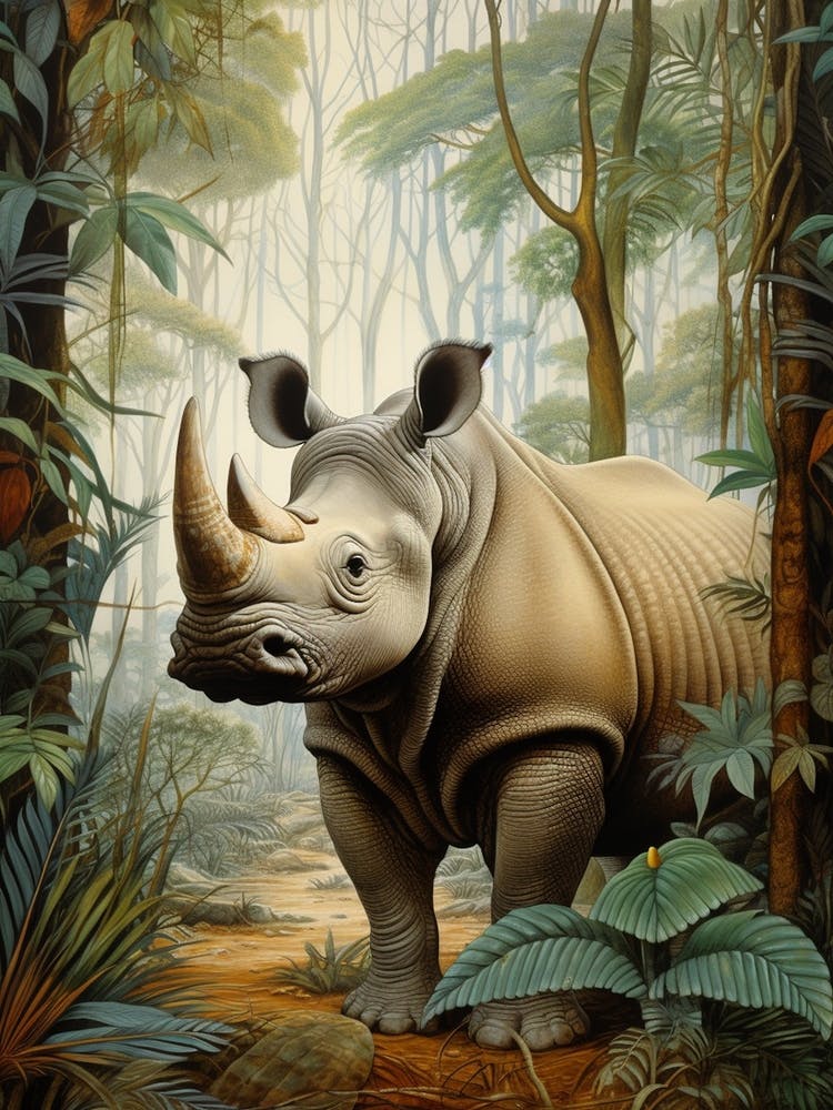Rhino In The Green Leaves Realistic Illustration 1