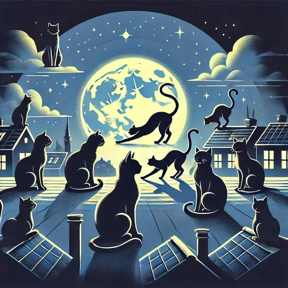 Cats And Moonlight Silhouettes Printed Art A Serene Illustration Of Cats Silhouetted Against The Moon, Perfect For Bringing Tranquility And Feline Grace To Any Cat Lover’S Space Printed Art