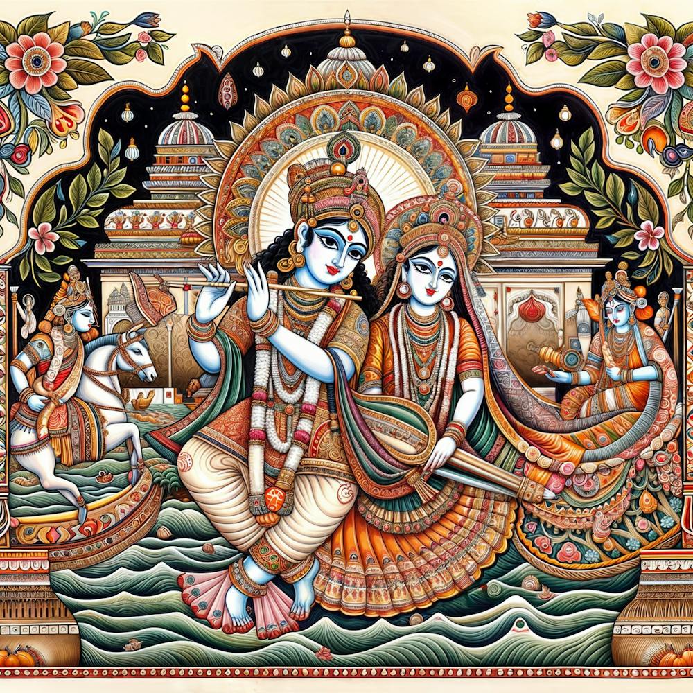 Radha und Lord Krishna Madhubani Kunst Gemälde Indischer traditioneller Stil