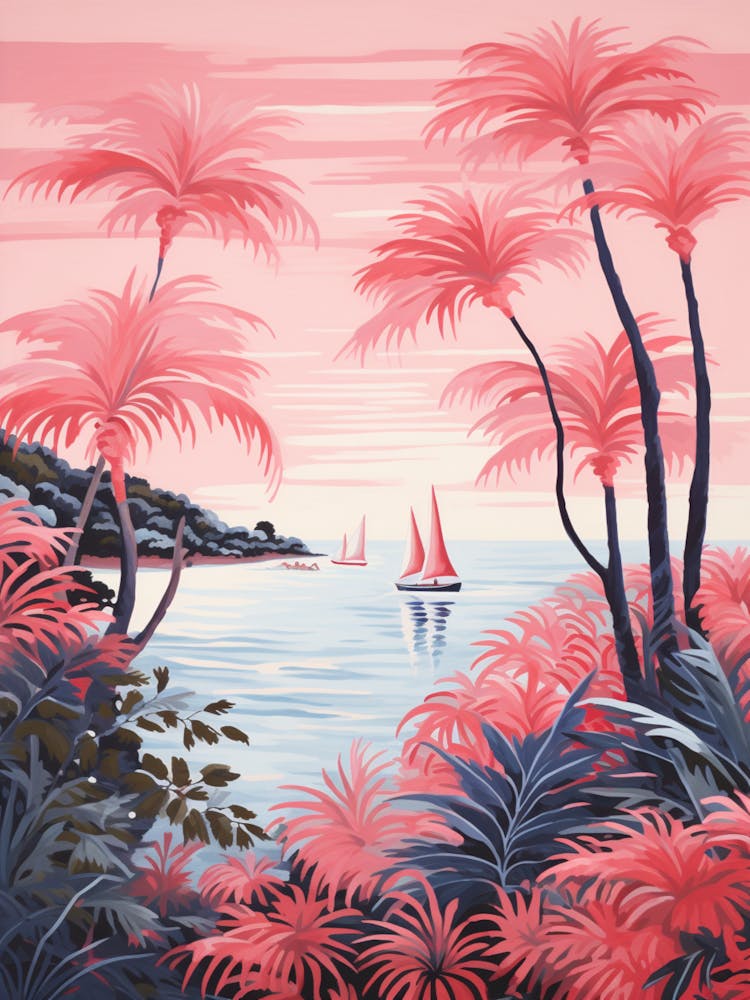 An Illustration In Pink Tones Of  Of Sailboats And Fern Vines 4