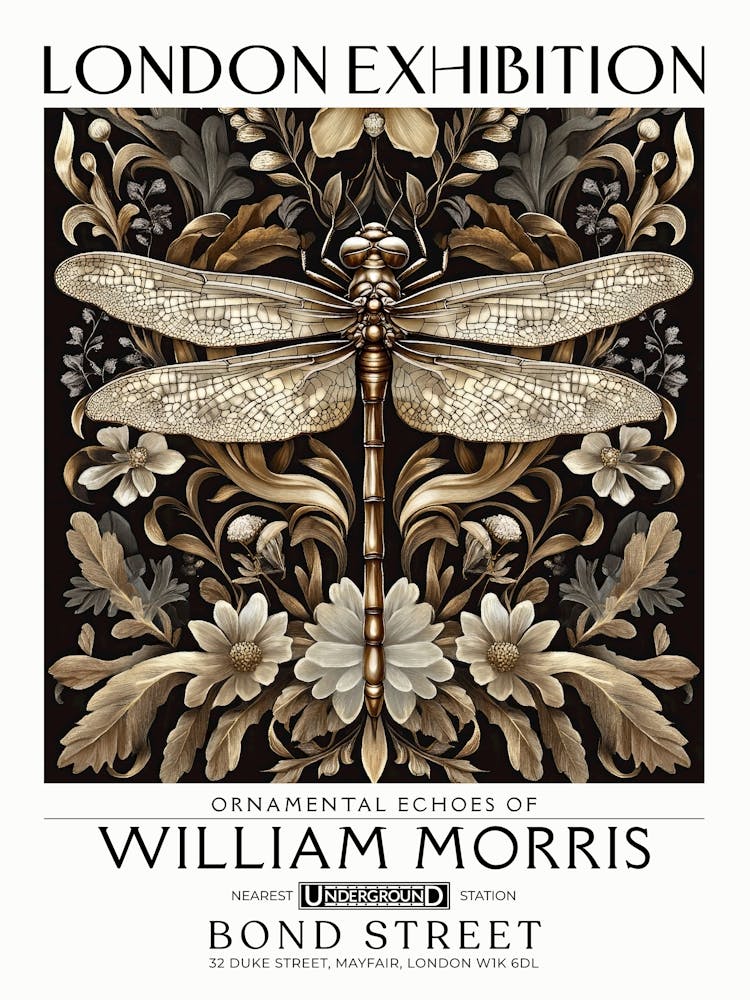 William Morris Dragonfly and floral artwork in Warm earth tones, insect and flower pattern dark academia library Botanical vintage print, living room vintage decor Floral tapestry Victorian nature art 2