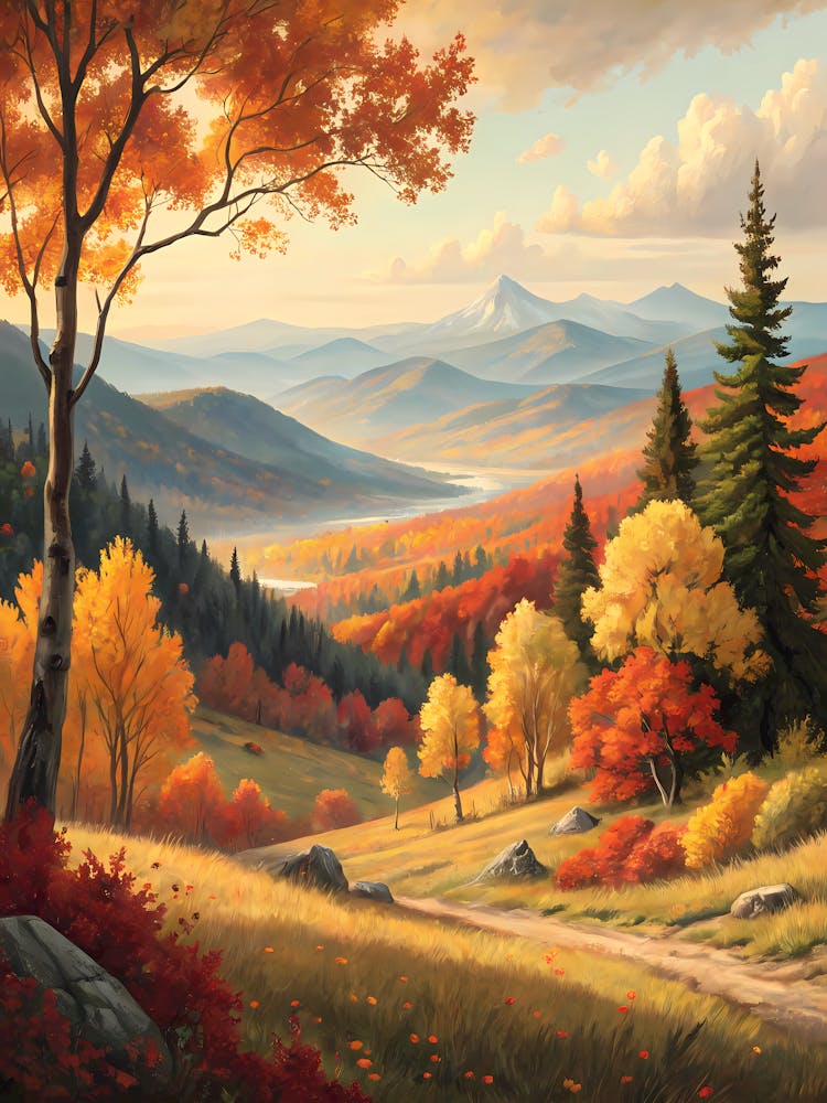 Oil Painting Style Autumn Mountain Panorama Vibrant Forest & River Valley