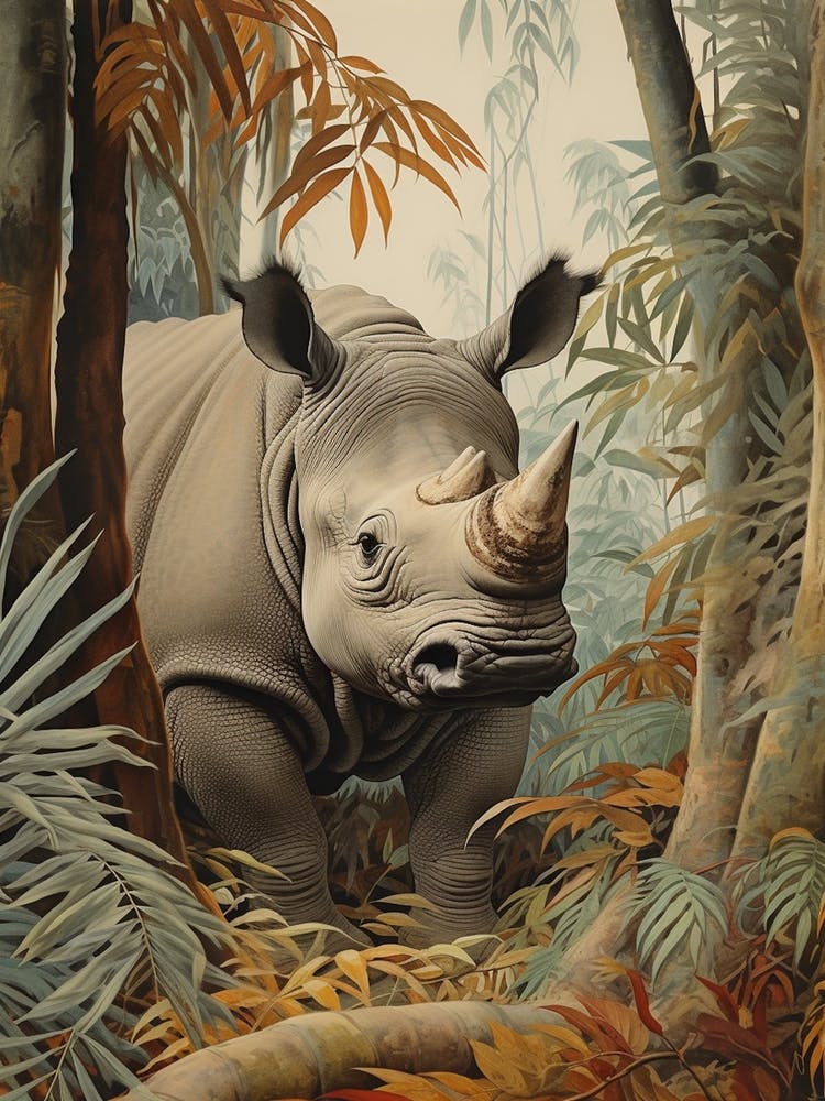 Rhino In The Forest With The Orange Leaves