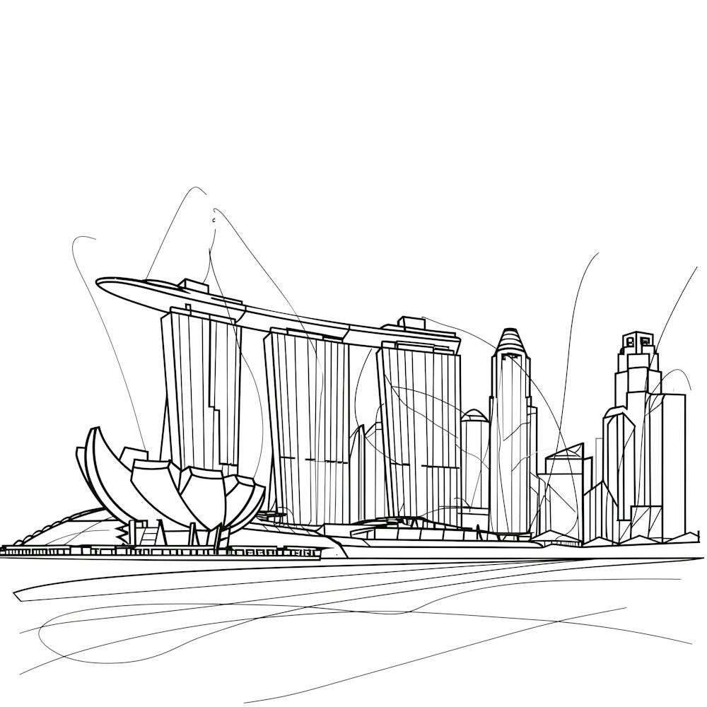 Singapore Cityscape, minimalist, line art, black and white.