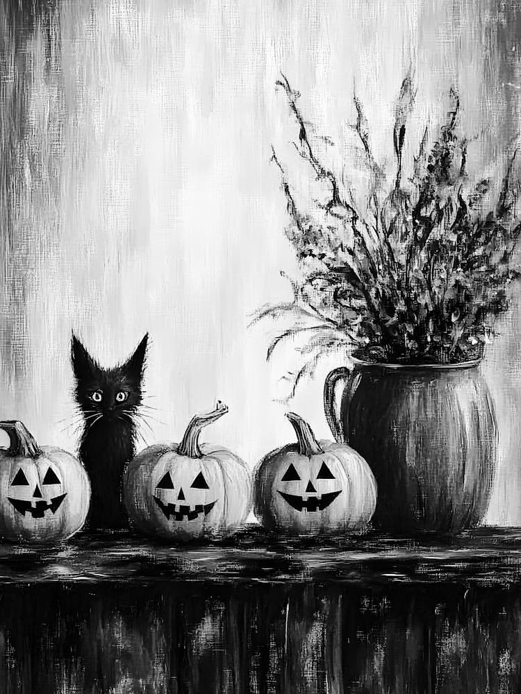 Black Cat With Pumpkins