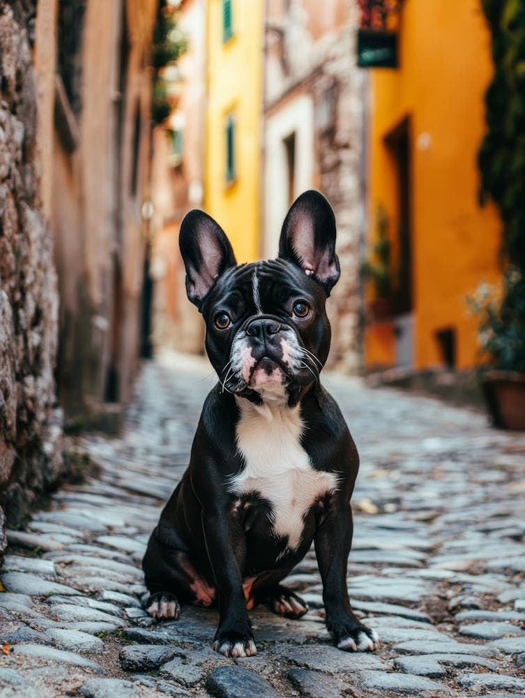 French Bulldog Sitting On A Cobblestone Street.Generated AI.