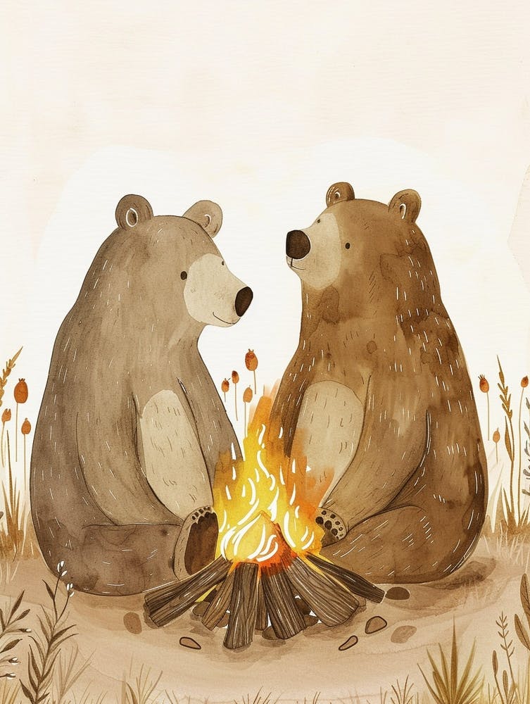 Two Sloth Bears Sitting Together By A Campfire Storybook Illustration 3