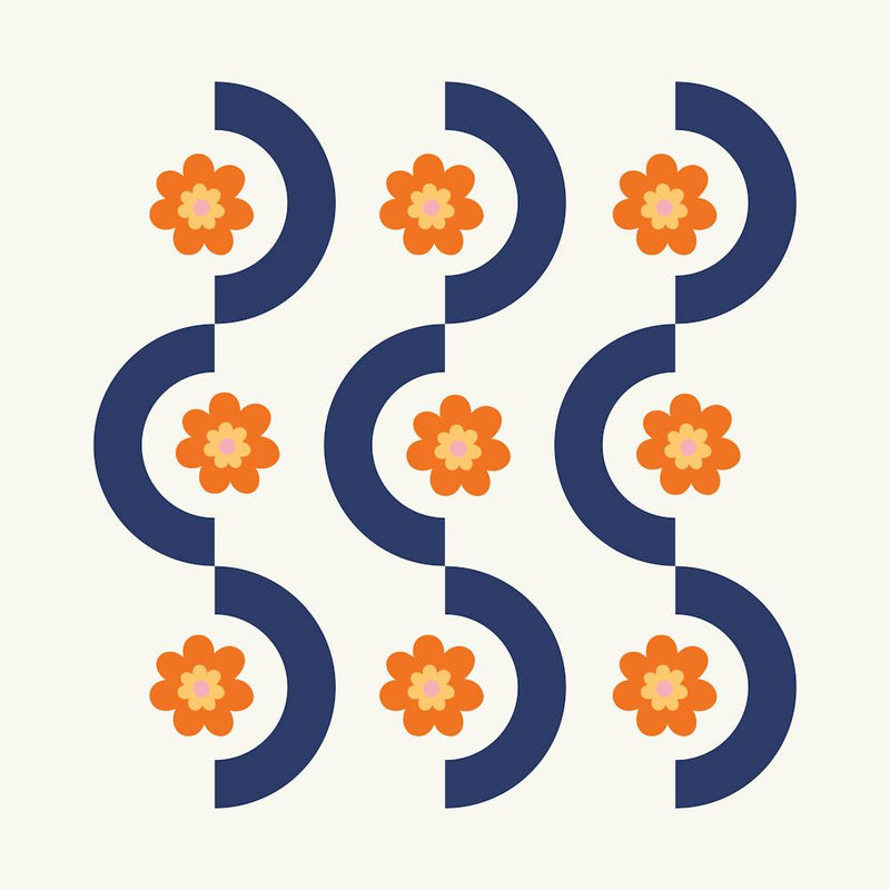 Geometric and Flower Pattern I in Navy Blue and Orange, Nostalgia Garden Shower Abstract 1