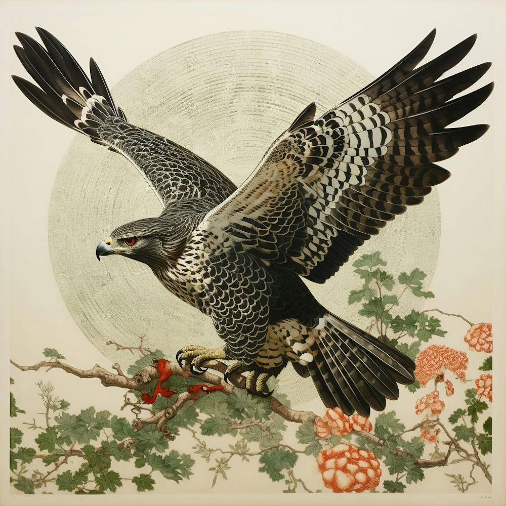 Ohara Koson Inspired Bird Painting Red Tailed Hawk 2 Square