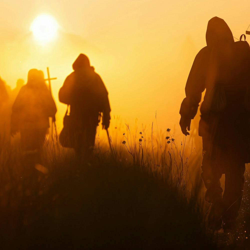 Silhouette Of Hikers At Sunrise