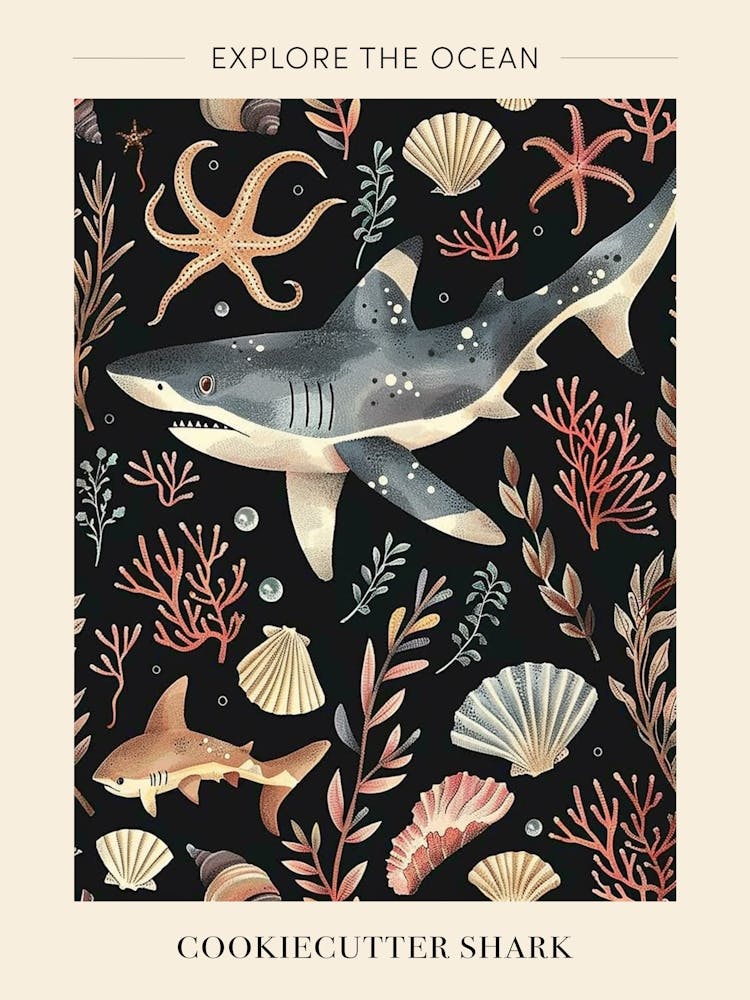 Cookiecutter Shark Seascape Black Pattern Poster