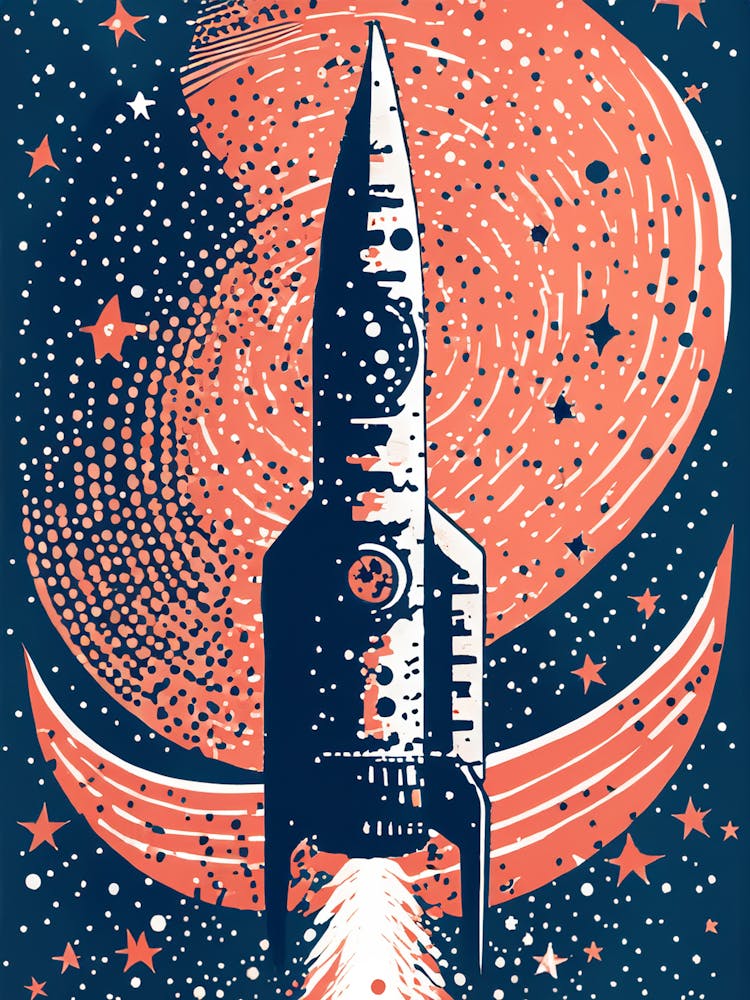Retro-Raketenstart mit Spiralgalaxien-Hintergrund