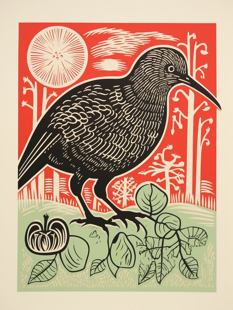 Vintage Bird Linocut Kiwi 7