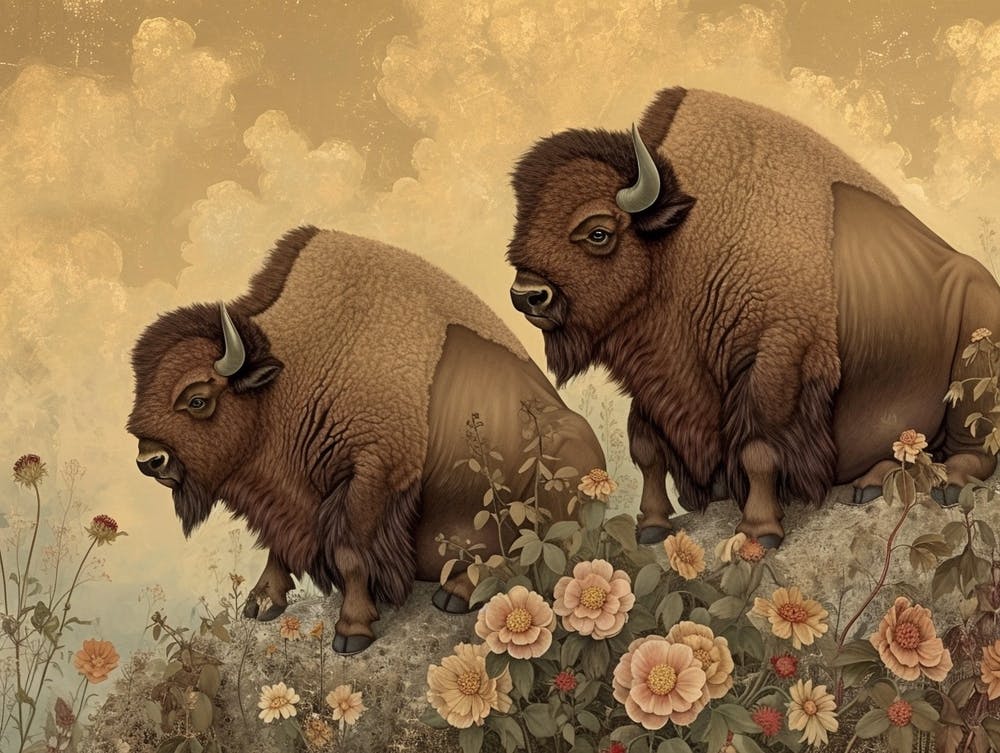 Floral Animal Illustration Bison 2