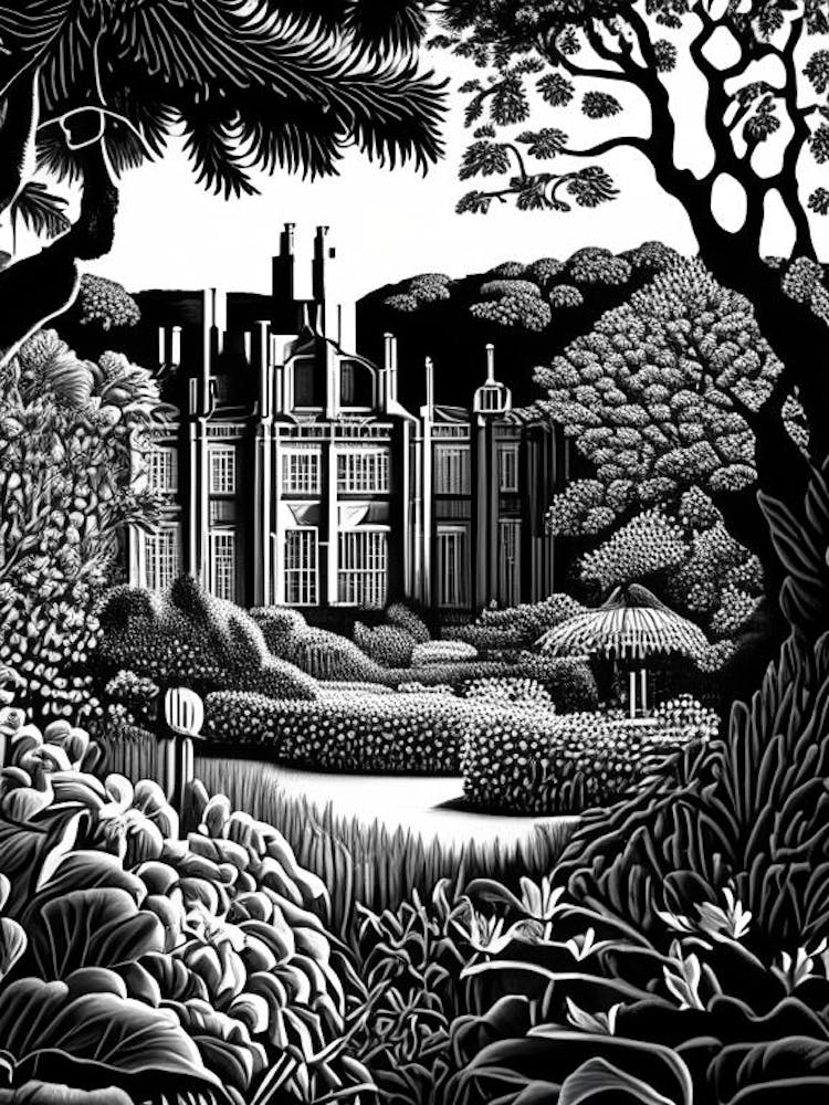 Mount Stewart House And Gardens, 1, United Kingdom Linocut Black And White Vintage