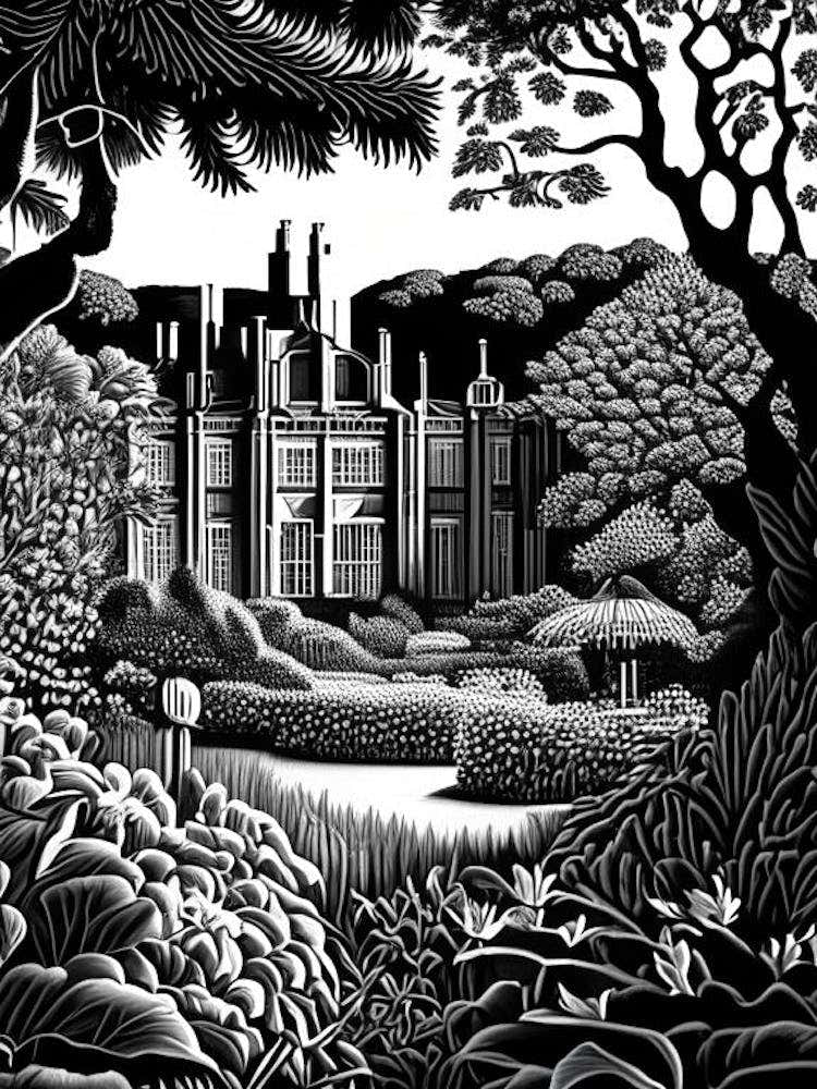 Mount Stewart House And Gardens, 1, United Kingdom Linocut Black And White Vintage