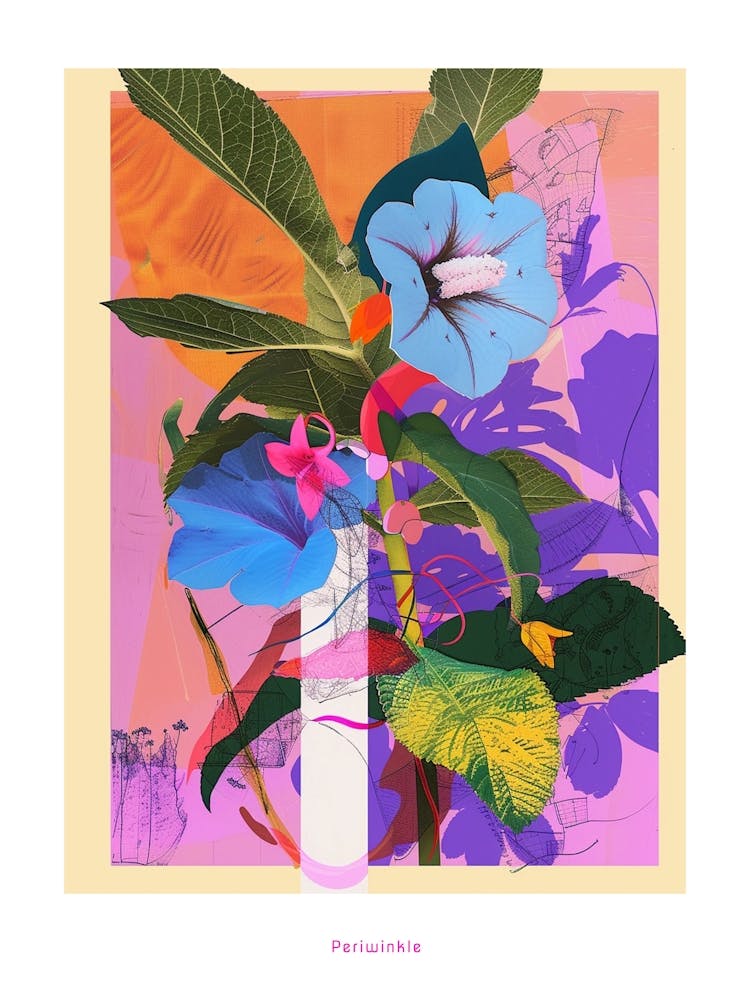 Periwinkle (Vinca) 4 Neon Flower Collage Poster