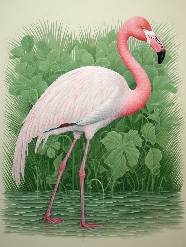 Ohara Koson Inspired Bird Painting Flamingo 1