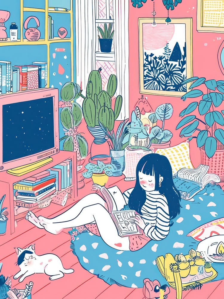Girl Reading A Book Lo Fi Kawaii Illustration 3