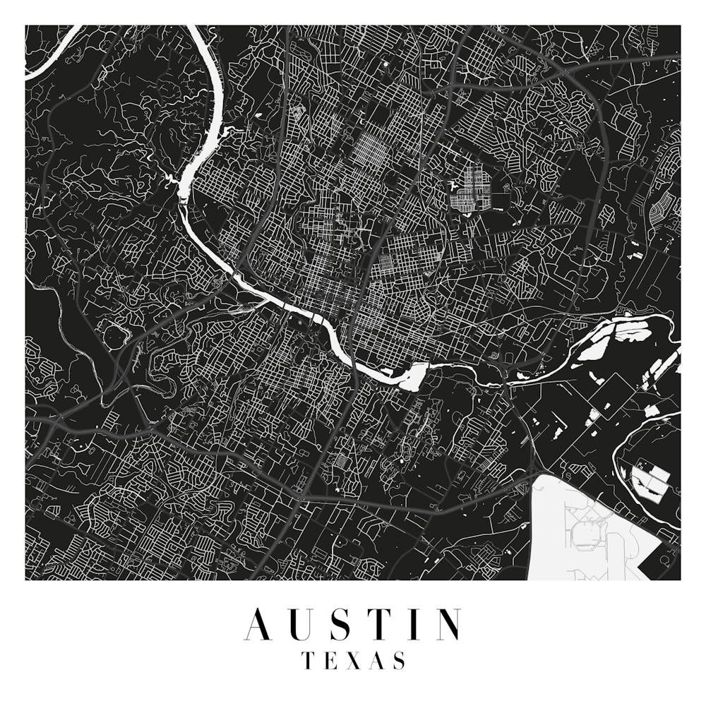 Austin Texas Minimal Black Mono Street Map  Square