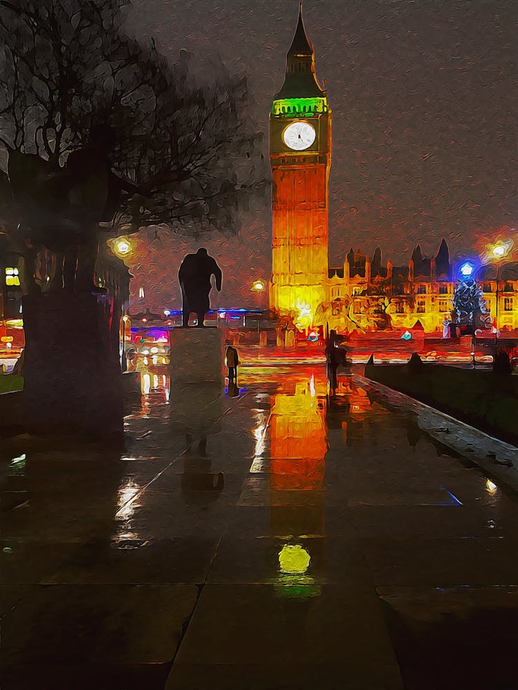 Rainy Night In Parliament Square, London, United Kingdom