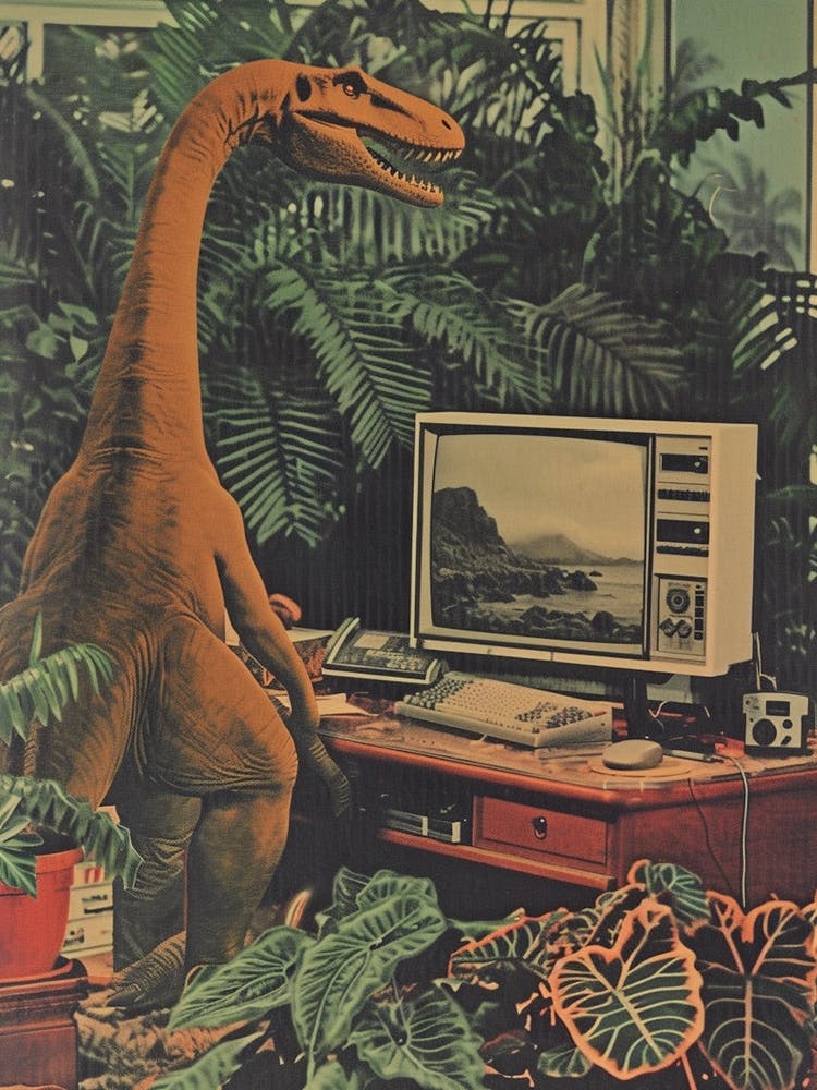 Dinosaur At A Computer Retro Collage 1
