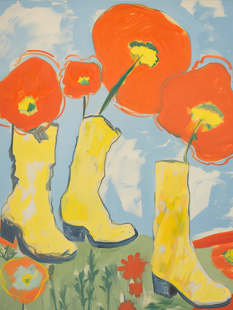 Painting Of Red Flowers And Cowboy Boots, Oil Style 1