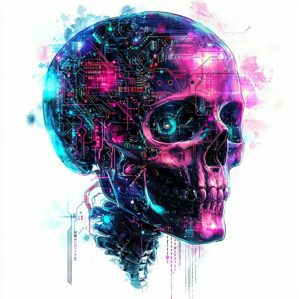Digitaler Totenkopf. KI generiert. Wand
