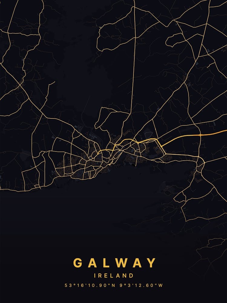 Galway Ireland Black And Gold Map