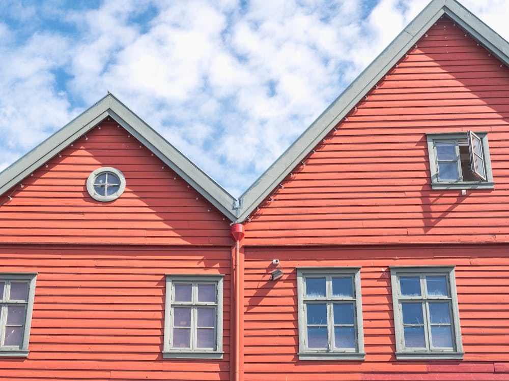 Two houses in Bryggen, Bergen, Norway - world heritage site - summer architecture and travel photography by Christa Stroo Photography
