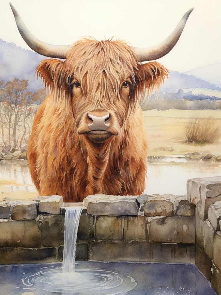Highland Cow Drinking Out Of Brickwork Trough
