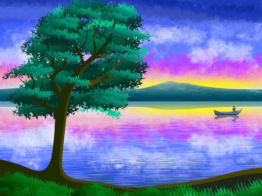 Landscape Nature Sky Clouds Lake Sea Water Fisherman Boat Tree Scenic Horizon Painting Art Silhouette Sun Brightness Colorful Twilight