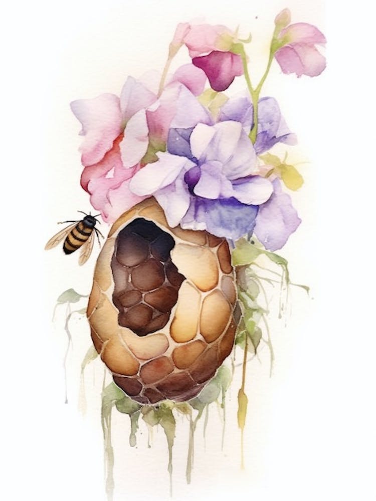 Beehive With Sweet Pea Watercolour Illustration 3